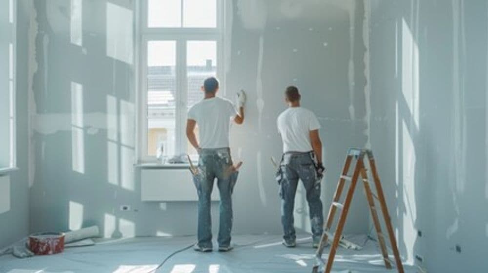 Two men applying drywall mud in a newly renovated room with sunlight streaming in.